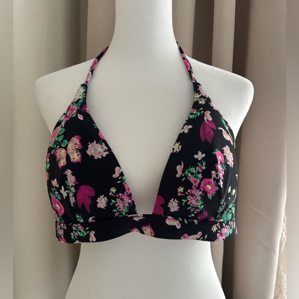 Victoria's Secret Floral Bikini Halter Neck Top - Black and Pink, size 36C.